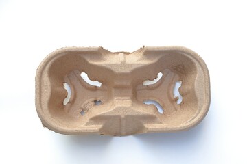 Disposable 2 cups carry trays, recycled paper pulp drink holder carrier for takeaway from coffee shops, top view on white background.