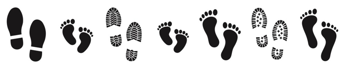 Collection different human footprints. boot sole, bare feet, Baby footprint, Vector Illustration