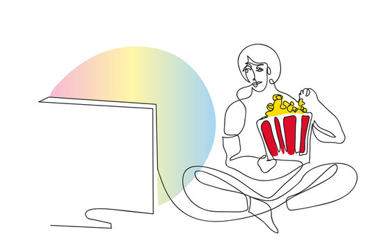 One continuous line drawing of female eating popcorn
One line drawing of  beautiful watching film, smilling and eating popcorn
