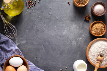 Bakery ingredients for homemade bread baking on table