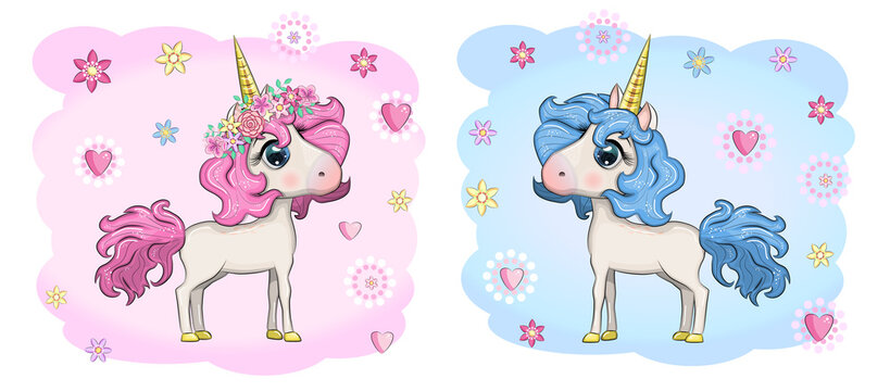 Baby Shower Greeting Card with cute Cartoon Unicorn girl and boy