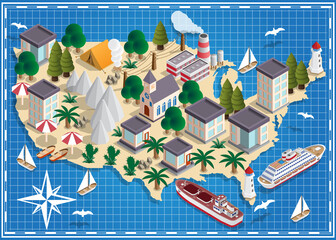 Map of the USA. Isometric. Vector illustration.