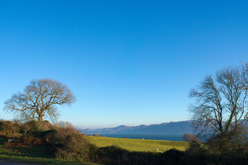 Obraz premium Penmon point, Anglesey. Winter landscape of peaceful countryside with view to the distant mountains of Snowdonia. Clear blue sky provides copy space.