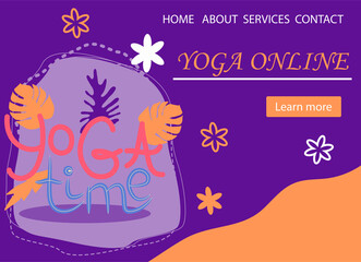 Fototapeta na wymiar Website banner design for Yoga studio promotion with Learn more button. Yogi woman meditating