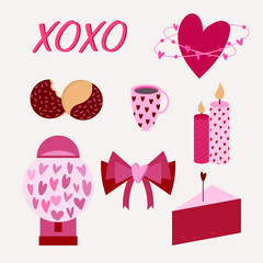 Vector set of holiday objects for romantic background. Valentine's Day.
XOXO, planet heart, cookies with chocolate icing, mug with a drink, romantic candles, candy machine, bow, piece of cake.
