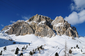 Fototapeta na wymiar Lagazuoi mountain seen from Passo Falzarego in winter. Dolomites near Cortina d'Ampezzo (Belluno). Veneto, Italy.