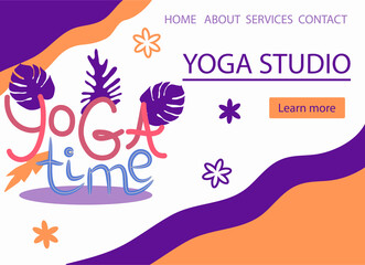 Website banner design for Yoga studio promotion with Learn more button. Yogi woman meditating