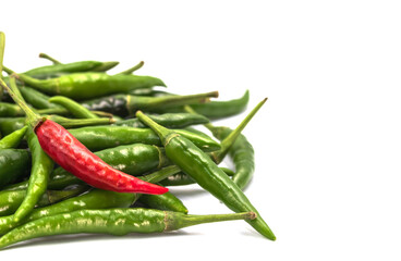 red and green chili pepper on white background.