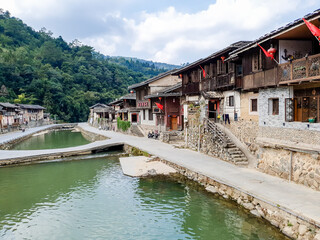 Fototapeta na wymiar FUJIAN,CHINA 20 october 2020 - Landscape of Taxia village ancestral hall,located in Tianloukeng tulou cluster hall