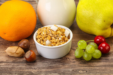 Breakfast with granola and milk