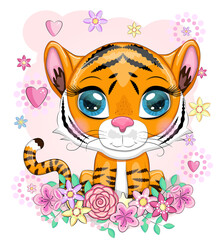 Cute cartoon tiger with beautiful eyes, bright, orange for greeting cards