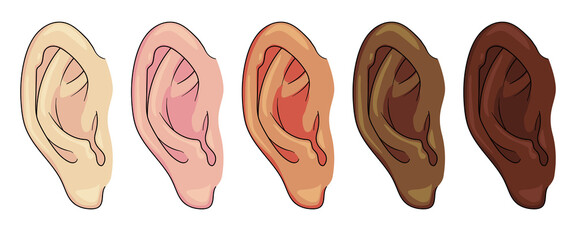 Set of Hand Drawn Ear Sketch Symbol with different skin color. Vector Listen Element In doodle Style isoleted on white.