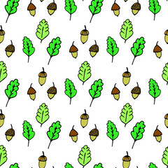 Seamless illustration with leaves and acorns on a white background.