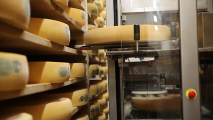 Robot qui nettoie le comté qui est en affinage dans une cave. Fromagerie situé dans le jura qui utilise une machine pour la fabrication de son fromage.