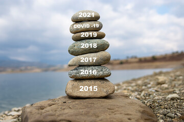 Covid year 2020 - 2021 background. The positive return of the old year. Happy New Year 2021 replaces the corona. New hopes, excitement with 2021.