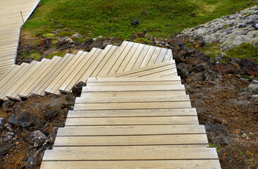 The wooden steps at Grabok Crater in Borgarfjörður, Iceland
