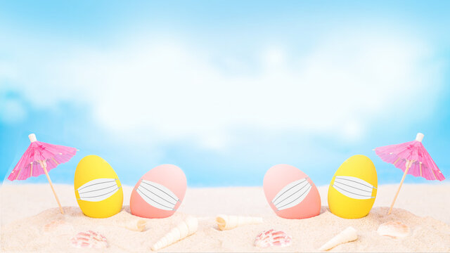 colorful eggs wear fabric mask  on white sand beach over cloudy sky background, image for social distancing holiday or Easter holiday  concept.