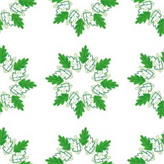 Wreaths of leaves and their contours on a white background. Abstract seamless vector pattern with green oak leaves. Deciduous decor.