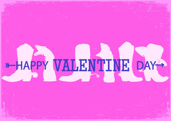 Cowboy Happy Valentine day. Country Farm with Cowboy hat and text rope heart decoration. Printable pink vector illustration background isolated on white for card or print