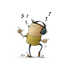 man with headphones on his head is listening to music while dancing and whistling. isolated