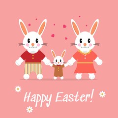 Happy Easter banner and greeting card. Cute bunnies family. Vector illustration isolated on a pink background.
