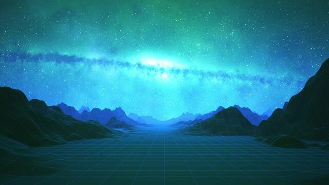 Retro wave style landscape with mountains, hills. Dynamic wireframe grid. Camera moves along the terrain. Bright glowing galaxy, stars on the background. Space. Synthwave, vaporwave seamless loop clip
