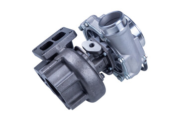 new modern turbocharger of the Russian truck, isolated on a white background. turbocharger to increase the power of the car engine.