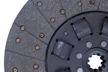 Close-up image of a car part, brown clutch disc isolated on a white background.