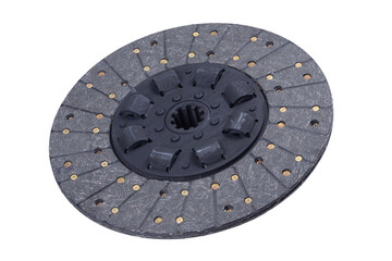 Close-up image of a car part, brown clutch disc isolated on a white background.