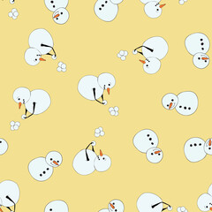 Snowman making snowball pile seamless vector repeat pattern design on orange background