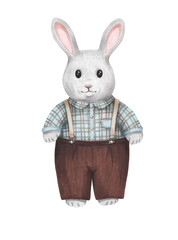 Obraz na płótnie Canvas cute gray rabbit in vintage suit with suspender pants