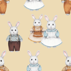 cute gray rabbits in vintage costumes pattern 1 on a beige background