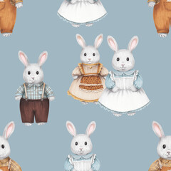 cute gray rabbits in vintage costumes pattern 1 on a blue background