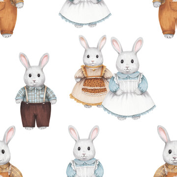cute gray rabbits in vintage costumes pattern 1 on white background