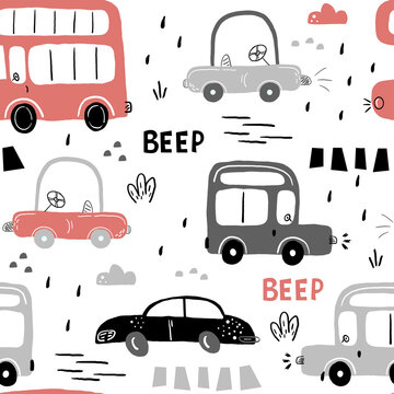 seamless pattern with retro cartoon car. vector print. Perfect for kids fabric,textile,nursery wallpaper. Printable templates.
