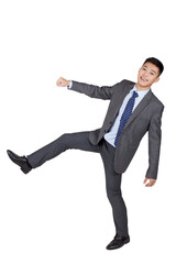 Portrait of a young business man holding leg