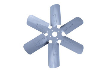 new grey truck engine cooling fan with metal blades isolated on white background. Spare parts