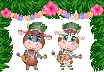 Cute cartoon bull, cow with beautiful eyes, Hawaiian hula dancer character with ukulele guitar among leaves, flowers. Chinese new year cute bull mascot