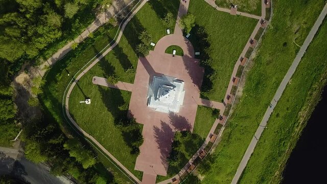 Cool view strictly from above on the high obelisk of memory to the soldiers of the Second World War