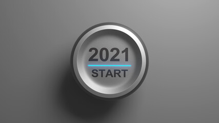 2021 - Press the start button. Concept of the New Year. 3D illustration