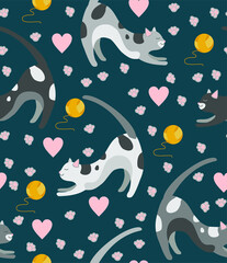 Cute cats play with a ball of thread and stretch. Seamless fector pattern with pets