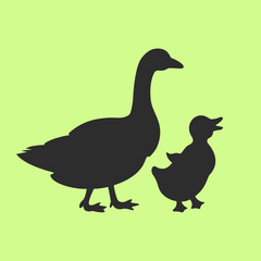 Goose mother with small baby bird, vector silhouette cartoon
