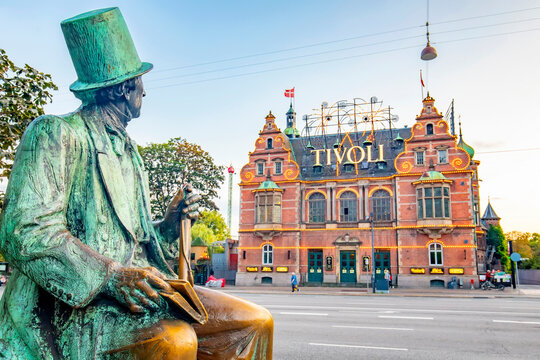 Hans Christian Andersen sculpture and Tivoli Garden park entrance in Copenhagen, Denmark. June 12, 2020.