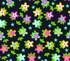 Fototapeta na wymiar Vector seamless pattern with small blue, pink and yellow flowers. Floral background