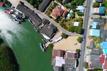 Fototapeta na wymiar The Road villahouse city forest sea bay aerial top view UAV