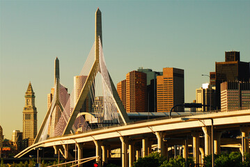 The Leonard P Zakim Bridge, a newly constructed cable Stayed suspension Bridge, connects Boston...