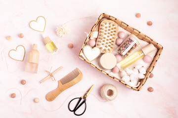 Preparing self care package, seasonal gift box with plastic free zero waste cosmetics products