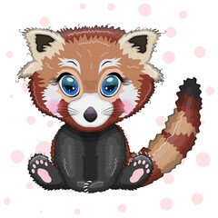 Red panda, cute character with beautiful eyes, bright childish style. Rare animals, red book, cat, bear