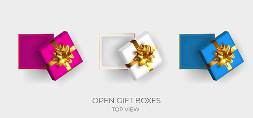 Set of empty festive colorful open gift box with  gold bow. Top view. 