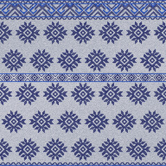 Embroidered good cross-stitch pattern for embroidery. Ukrainian ethnic ornament. ethnic handmade embroidery in blue color. 3D-rendering